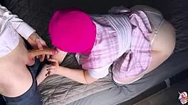 busty babe in sexy uniform gets her dick sucked then feels cum fill her tight pussy in doggystyle creampie.