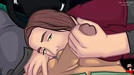 in the last of us parody, redhead teen gives blowjob in car before doggystyle cumshot.