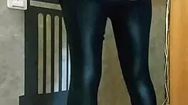 Girl spanks her ass in leggings while fingering pussy, husband at work.