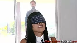 Blindfolded asian teen intensely banged and sucks big cock