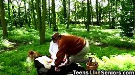 dark haired teen gets her cunt banged by old guy outdoors in group