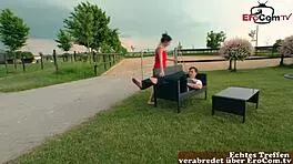 German slim teen 18+ takes big cock outdoors intensely