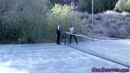 Teens bent over for doggystyle facial from monster cocks in old-young group