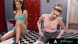 girlsway petite squirter coco lovelock's pussy gets wrecked by rival eliza ibarra in cheerleader showdown