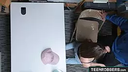 Rebel teen shoplifter forced to suck big cock in shop