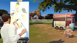 Cute blonde model with blue eyes fucks painter outdoors, getting facial and blowjob.