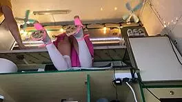 Sexy Brunette Caught on Voyeur Cam Upskirt at Work. No Panties Spotted!