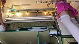 Sexy Brunette Caught on Voyeur Cam Upskirt at Work. No Panties Spotted!