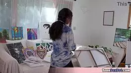 Painter dude bangs his girlfriend and model in wild FFM threesome action.