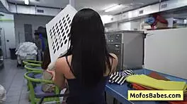 petite brunette sucks in public laundromat