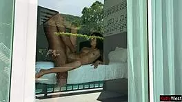 Spying on rough hotel couple fucking by pool. What a wild blowjob scene!
