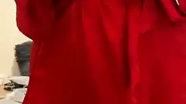 Brunette In Red Lingerie Plays With Herself!