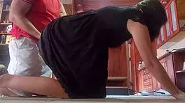 Quick doggystyle with petite brunette stepsister on living room floor.