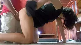 Quick doggystyle with petite brunette stepsister on living room floor.