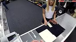 Skinny Amateur in Glasses Strips and Spreads Pussy for Pawnshop Owner