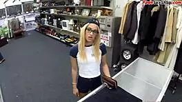 Skinny Amateur in Glasses Strips and Spreads Pussy for Pawnshop Owner