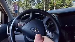 Risky public act for the attractive woman watching from the bus stop