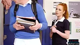 redhead teen bounces big ass on new student's cock 😏