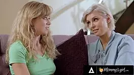 Busty milf Kenzie Taylor facefucks her stepdaughter, then they have hairy 69 and fingering.