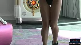 Tiny brunette teen 18+ shows off hot dancing moves. She strips down revealing small tits and tight body.