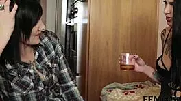 Lesbians finger each other in threesome with strapon