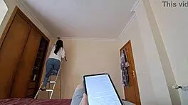 Latina maid with creamy pussy in jeans and flip flops is seduced with a massage