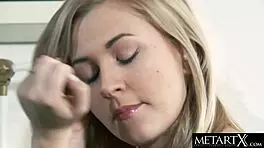 gorgeous blonde in stockings masturbates in kitchen close-up