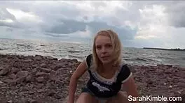 Sweet sarah kimble spreads pussy closeup at beach pov, masturbating with small tits and blonde hair in amateur teen fun.