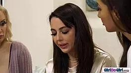 Cute babes explore their first pussy licking together.