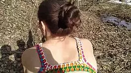 Amateur teen in outdoor setting with brunette