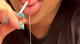 marcy diamond gives sloppy blowjob to lollipop, tons of spit on her tits