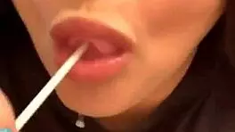 marcy diamond gives sloppy blowjob to lollipop, tons of spit on her tits