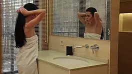 hey, check this petite 18+ brunette amelie b showering her shaved body