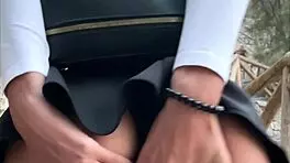 Flashing pussy and panties in a sexy mini skirt before public blowjob