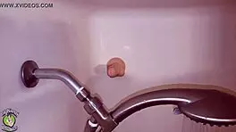 Man sneaks into bathroom to record chubby bbw teen masturbating with toys in shower