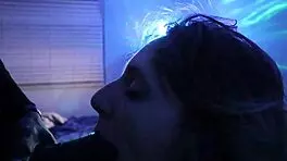 Sexy skinny brunette sucks big black cock, fucks it, then swallows cum