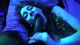 Sexy skinny brunette sucks big black cock, fucks it, then swallows cum