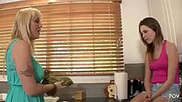 milf lesbian blonde seduces teen brunette with pussy licking and fingering