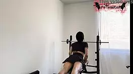 Colombian slut with tattoos masturbates with dildo in gym. Her natural tits bounce wild