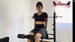 Colombian slut with tattoos masturbates with dildo in gym. Her natural tits bounce wild