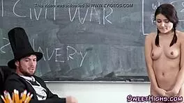 teen brunette takes hard ass cumshot in classroom