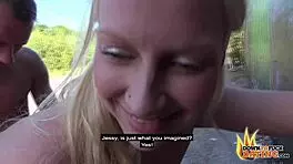 Hot blonde teen takes two big dicks outside!