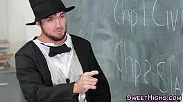 teen brunette takes hard ass cumshot in classroom