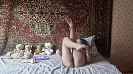 Russian slut in nylon pantyhose fucks hairy pussy with huge dildo