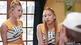 Cheerleaders let their coach decide their fate, and he fucks both of them in the ass.