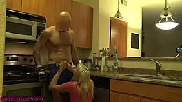 Hot 18-Year-Old Blonde Squirts Everywhere in MMA Fighter Neighbor's Kitchen After Intense Fight