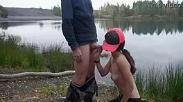 Brunette Teen Gives Outdoor Blowjob By Lake, Swallowing Cumshot