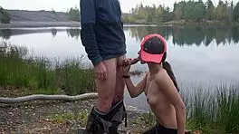 Brunette Teen Gives Outdoor Blowjob By Lake, Swallowing Cumshot