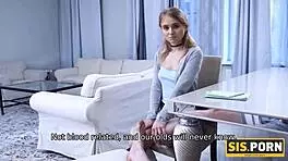 Smart Russian Blonde Teases Stepbrother with a Hot Blowjob Before Intense Shaved Pussy Fucking in Taboo Fantasy Scene.