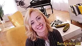 First time teen 18+ blonde sucks big cock in POV scene